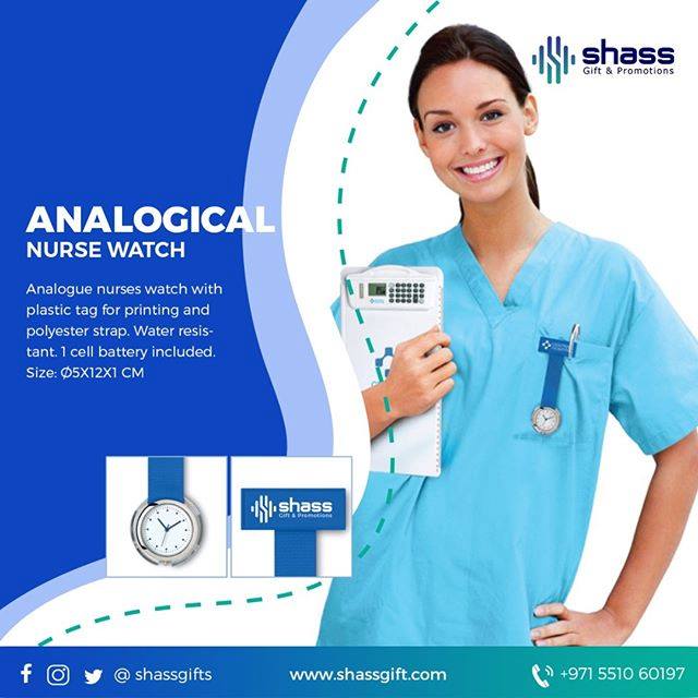 Go for the young trendy analogue nurse watch with plastic tag for printing and polyester strap. Water resistant. 1 cell battery included. Order now